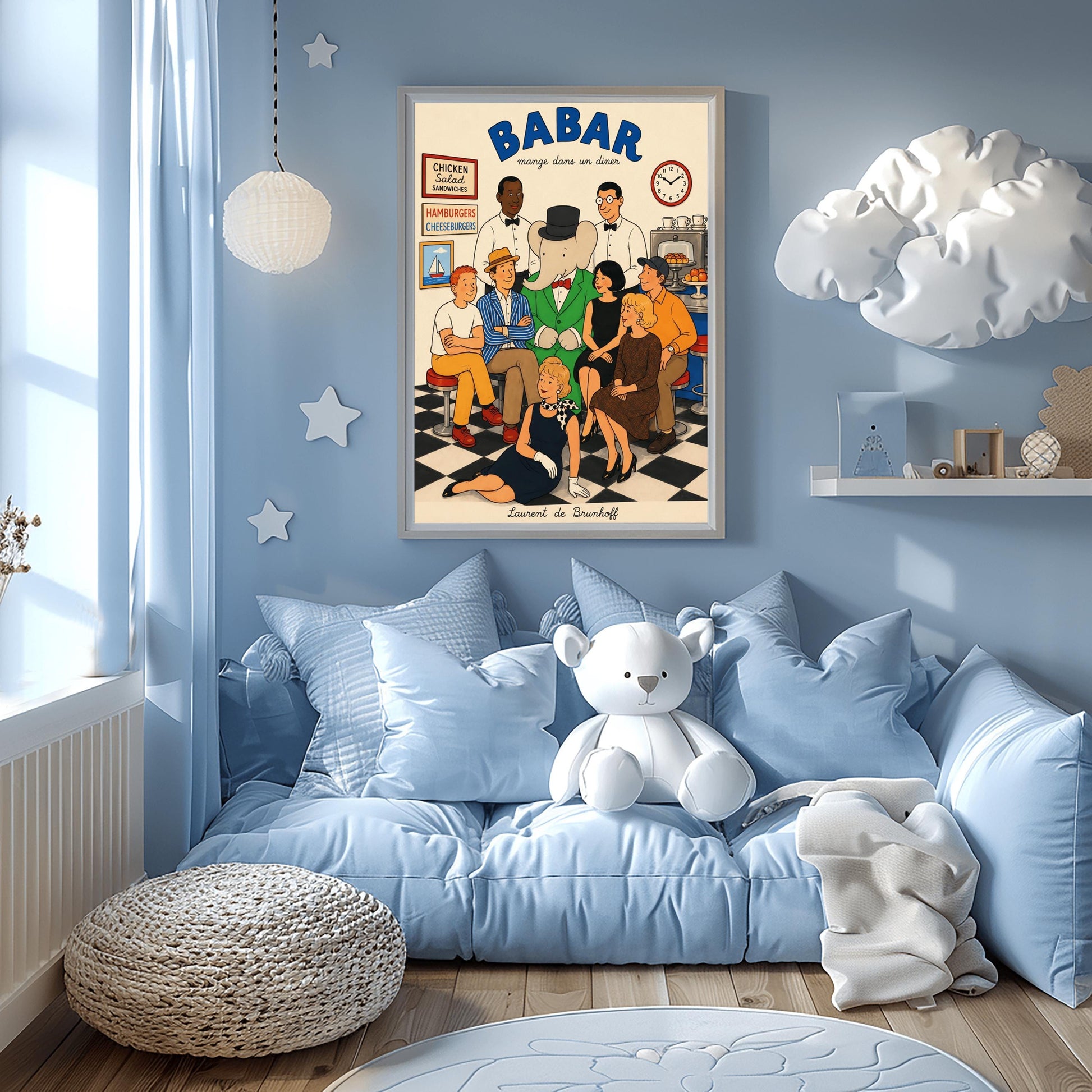 A retro 1950s-style illustration poster titled "BABAR mange dans un diner" in bold blue text at the top. The print features a close-up group portrait of characters inside a diner with a black-and-white checkered floor. In the center, the cartoon elephant King Babar wears his green suit and black top hat. He is surrounded by two smiling waiters in white shirts and bow ties, five patrons sitting closely on stools, and a blonde woman in a black dress and polka-dot scarf posing on the floor in front