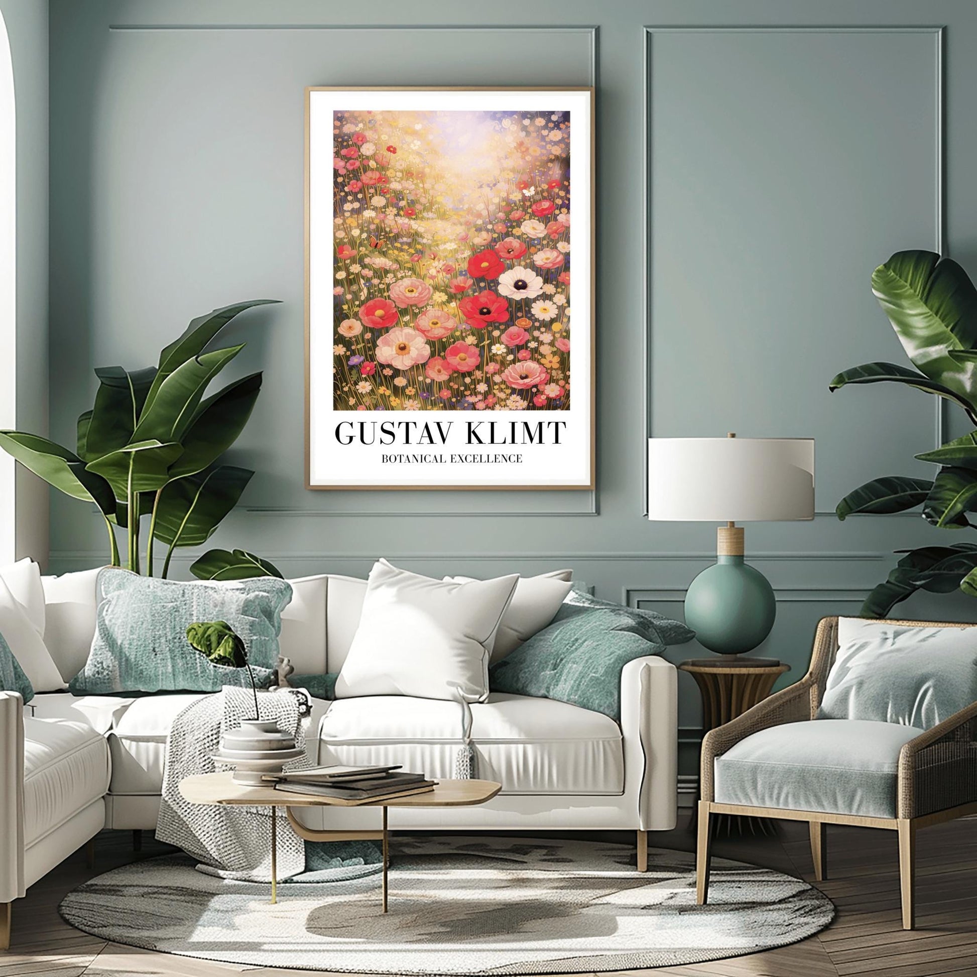 A vertical museum exhibition poster in the style of Gustav Klimt. A vast meadow of pink, red, and white wildflowers is bathed in bright, hazy sunlight from above. Large poppies are in the foreground, with a small butterfly on the left. Below the image, bold black text reads "GUSTAV KLIMT" and "BOTANICAL EXCELLENCE" on a white border.