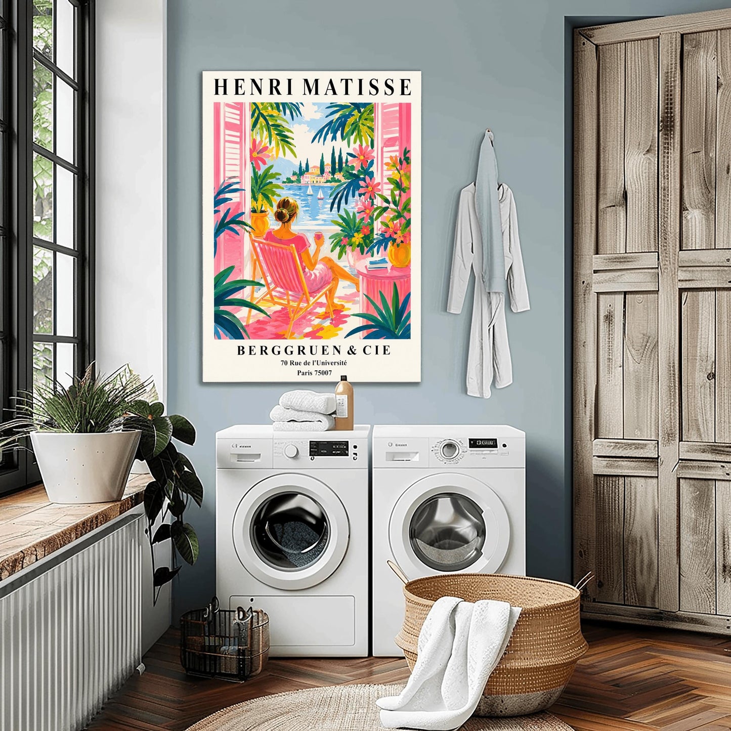 A vertical minimalist fine art exhibition poster in the style of Henri Matisse, featuring a wide white border layout. In the center, a simple black line drawing outlines a woman in a reclining, relaxed pose resting on her side. The illustration is framed by large, flat abstract paper-cut shapes, including a solid terracotta red background block beneath the figure and an organic royal blue coral leaf on the left against a solid white backdrop.
