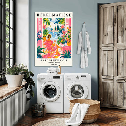 A vertical minimalist fine art exhibition poster in the style of Henri Matisse, featuring a wide white border layout. In the center, a simple black line drawing outlines a woman in a reclining, relaxed pose resting on her side. The illustration is framed by large, flat abstract paper-cut shapes, including a solid terracotta red background block beneath the figure and an organic royal blue coral leaf on the left against a solid white backdrop.