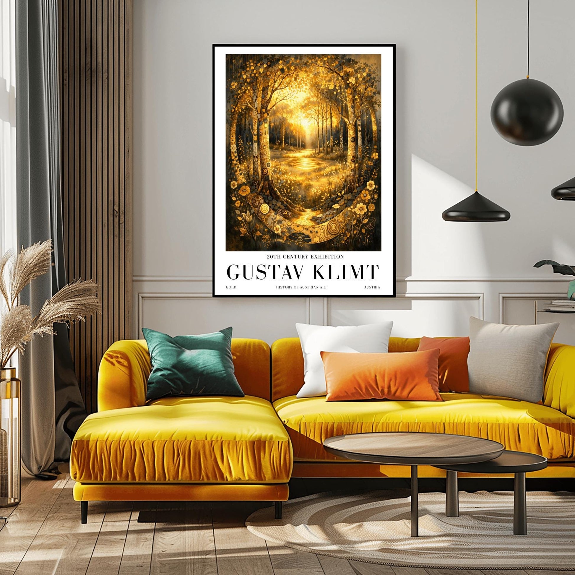 A vertical exhibition poster for Gustav Klimt featuring a golden forest. Two highly decorative trees with mosaic patterns frame a sunlit glade. A golden stream flows toward the viewer through shimmering flowers. Text at the bottom reads "Gustav Klimt, 20th Century Exhibition."