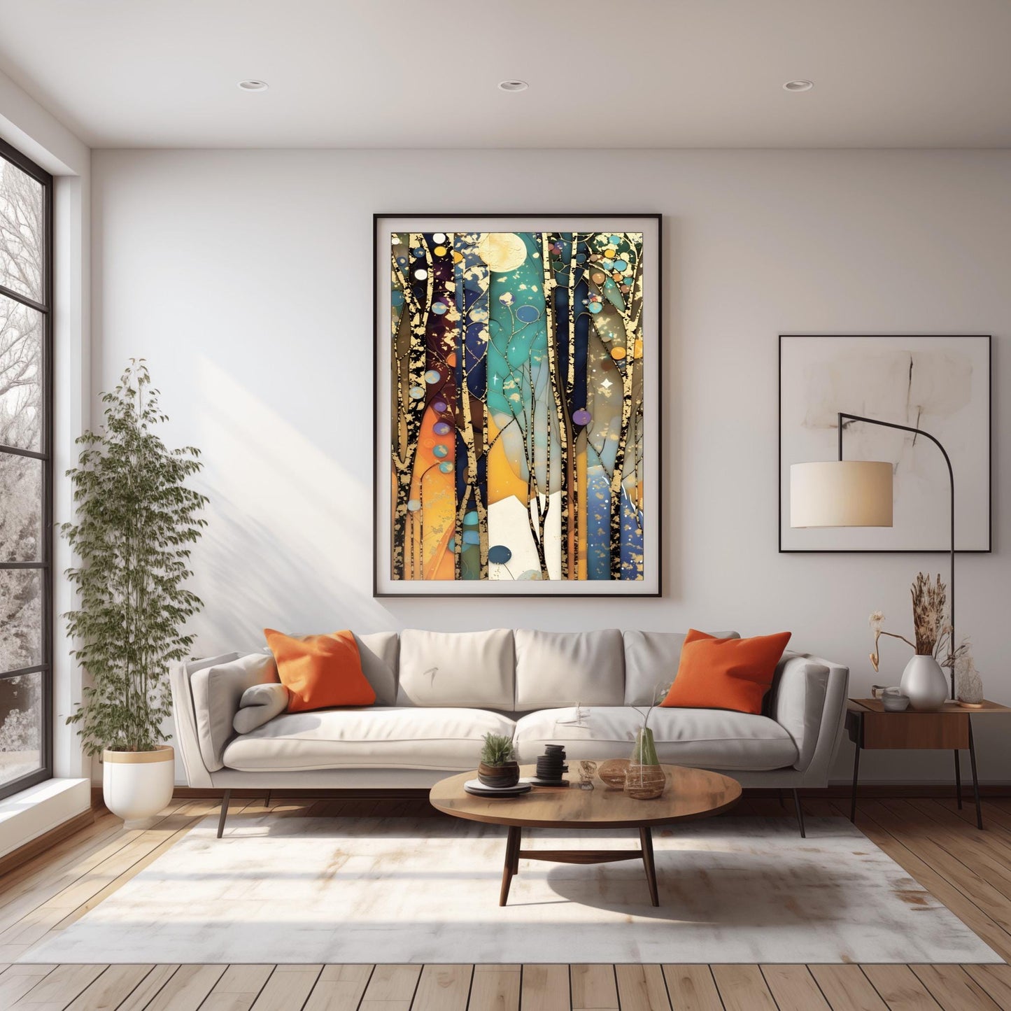 A vertical abstract painting in the style of Gustav Klimt. Tall, slender tree trunks with heavy gold-leaf textures and dark patterns rise vertically across the canvas. The background consists of vertical panels of teal, navy, and amber, resembling stained glass. Small golden orbs and stars are scattered throughout the composition, creating a glowing, celestial atmosphere.