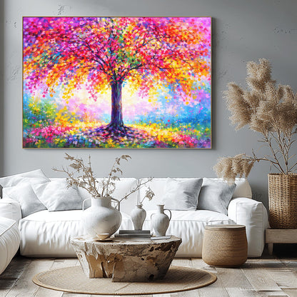 A horizontal landscape painting of a large, vibrant tree. The canopy is a dense, rounded mass of multi-colored leaves in pink, red, orange, yellow, and purple. The center of the tree glows with white and yellow light. The trunk is dark and textured. The tree sits in a soft, impressionist meadow of colorful flowers and mist. The style features thick, visible palette knife strokes.