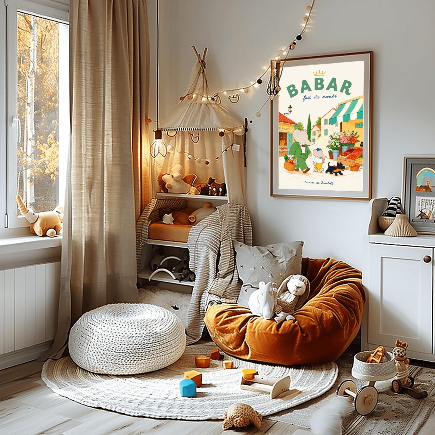 A vertical storybook-style art print of Babar the Elephant walking through a French village street. Babar, in a green suit, carries a basket of groceries. A smaller elephant walks beside him eating a pink ice cream cone, followed by a black dog carrying a baguette. The background features a boulangerie with a yellow facade, a flower stall with pink and white roses, and terracotta-roofed houses under a cream sky. The top reads "BABAR fait du marché" with a gold crown.