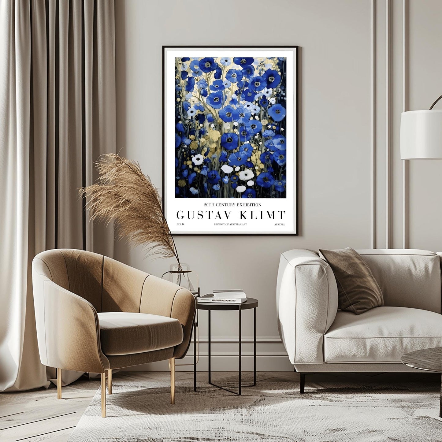 A vertical, highly detailed oil painting in the style of Gustav Klimt. The image is filled with a dense field of blue poppies in shades of cobalt, navy, and light blue. The flowers have dark centers and are surrounded by abstract cream and amber foliage. The brushwork is thick and textured, giving the appearance of a rich mosaic tapestry of flowers.