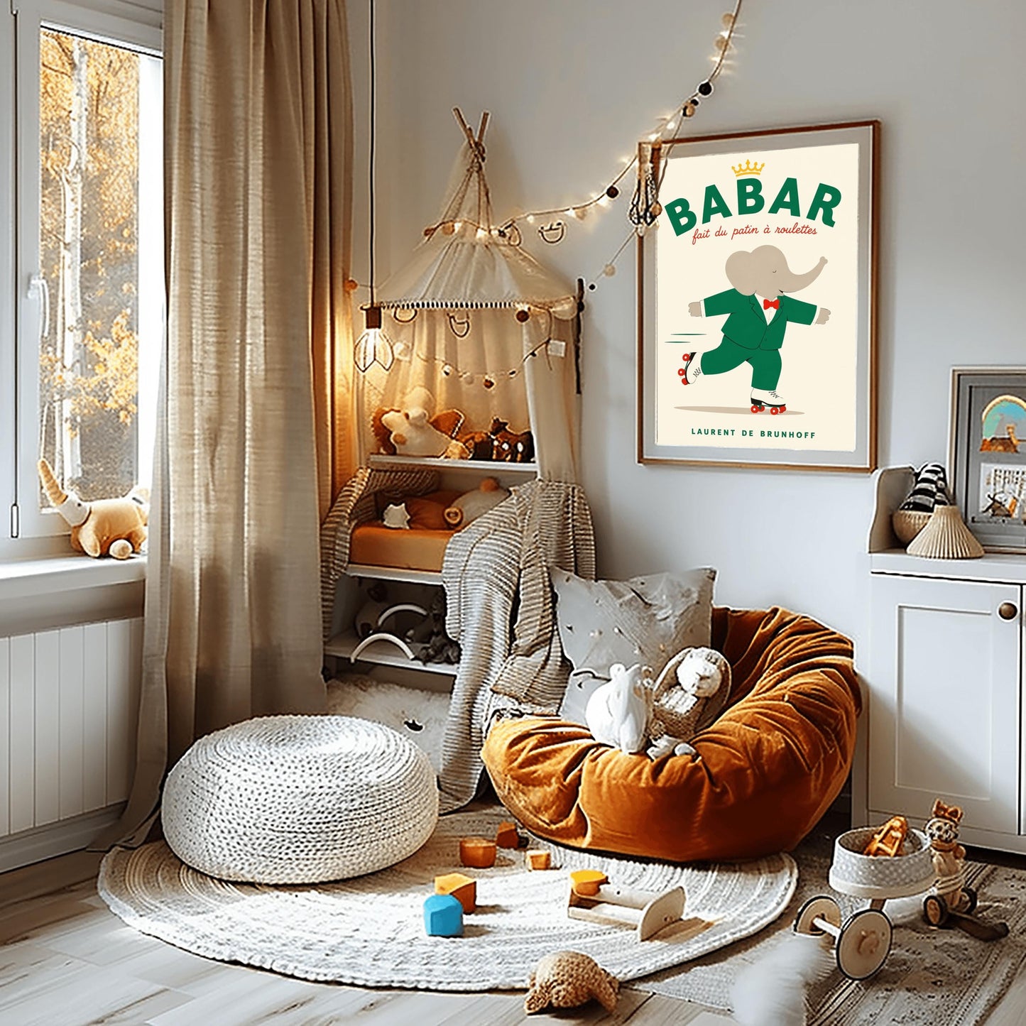 A vertical storybook-style art print of Babar the Elephant roller skating against a cream background. Babar is wearing his signature green suit and red bow tie. He is balanced on white roller skates with red wheels, with one foot lifted behind him. The top of the print features the word "BABAR" in large green letters above the red script text "fait du patin à roulettes" and a small gold crown. The name "LAURENT DE BRUNHOFF" is printed at the bottom.
