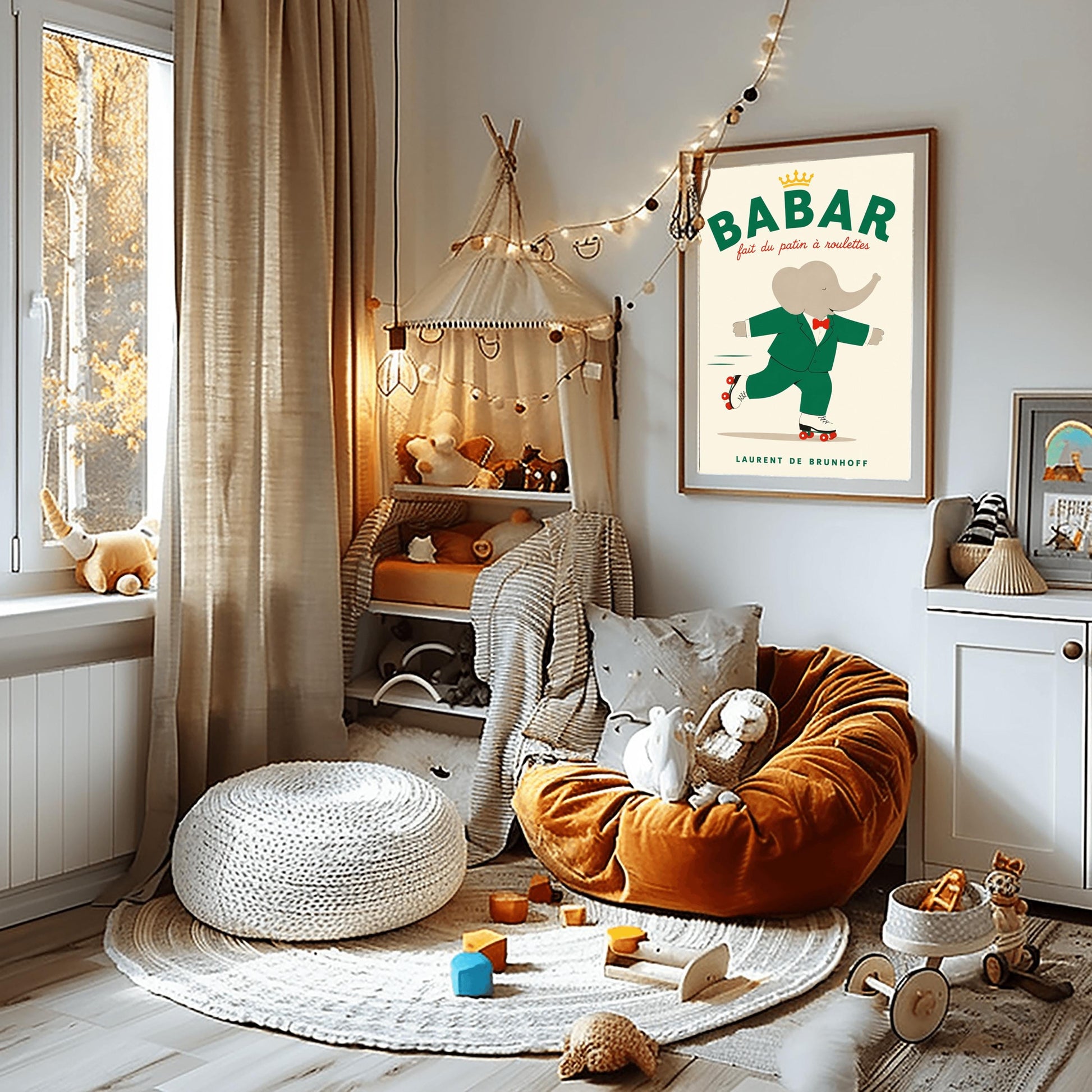A vertical storybook-style art print of Babar the Elephant roller skating against a cream background. Babar is wearing his signature green suit and red bow tie. He is balanced on white roller skates with red wheels, with one foot lifted behind him. The top of the print features the word "BABAR" in large green letters above the red script text "fait du patin à roulettes" and a small gold crown. The name "LAURENT DE BRUNHOFF" is printed at the bottom.
