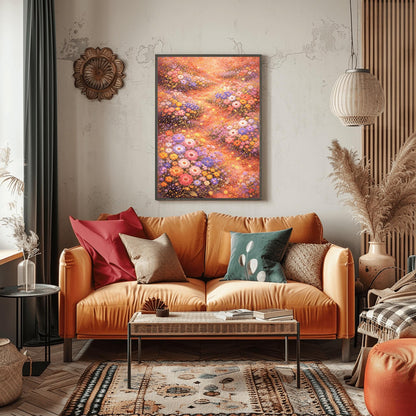 A vertical, highly detailed Art Nouveau-style illustration of a dense wildflower meadow. Stylized flowers in shades of lavender, coral, and orange are outlined in gold. Shimmering golden particles float between the blooms against a warm, glowing amber background.