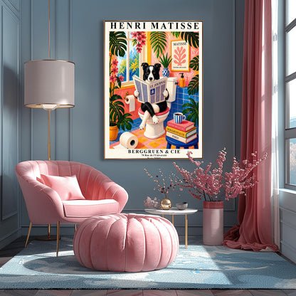 A vertical maximalist art print designed as a Henri Matisse exhibition poster. A black and white Border Collie is sitting on a white toilet with its legs crossed, holding and reading a newspaper titled "Le Journal." The bathroom is vibrantly colored with pink walls, blue wall tiles, and a pink and yellow checkered floor. The room is filled with large green tropical plants and red flowers. A stack of art books and a striped mug sit on a blue stool.