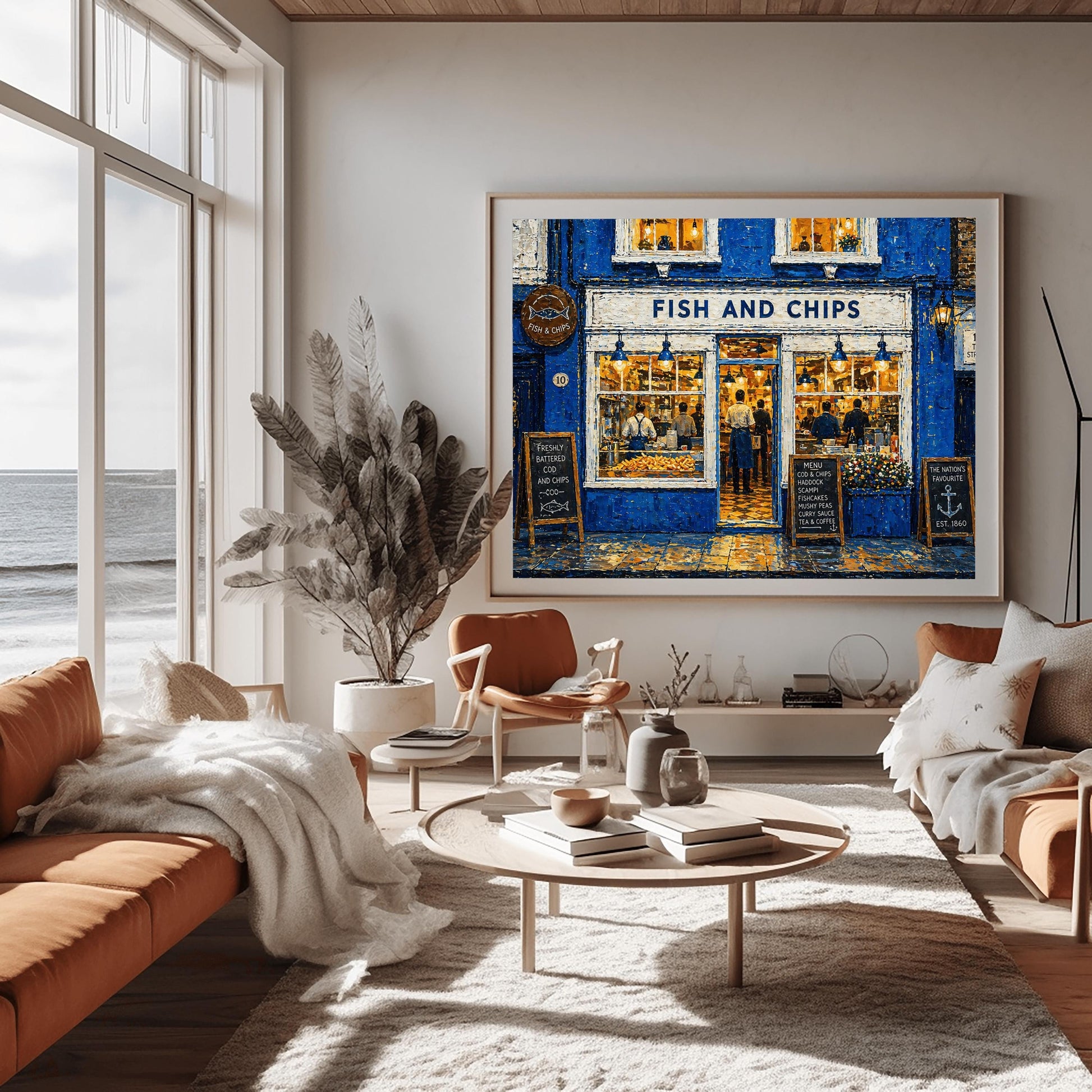 A horizontal impressionist painting of a "Fish and Chips" shop at night. The building is a vibrant cobalt blue with thick, textured brushstrokes. Large, bright windows reveal a warm yellow interior where chefs are working. Outside, three wooden chalkboard signs list the menu and "The Nation's Favourite." The wet pavement reflects the golden light from the shop's interior and blue exterior lamps. A sign on the right reads "10 The Strand."