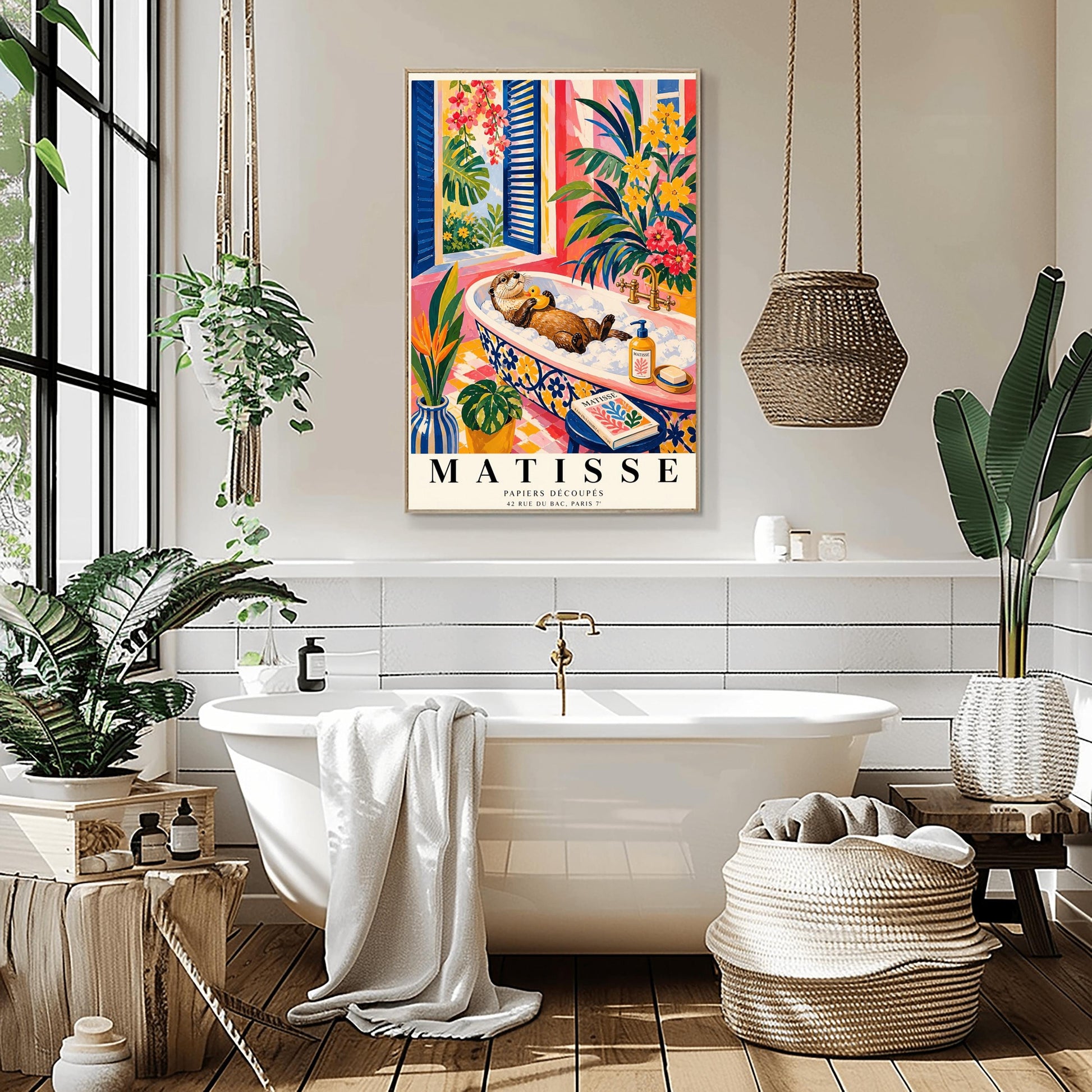 A vertical maximalist art print designed as a Henri Matisse exhibition poster. A brown otter floats on its back in a pink bubble bath, holding a small yellow rubber ducky. The bathtub has a blue and yellow floral pattern. The room is filled with vibrant tropical plants, pink walls, and yellow checkered tiles. A blue-shuttered window looks out onto a sunny garden. In the foreground, an art book and a striped vase are visible. Bold black text at the bottom reads "MATISSE PAPIERS DÉCOUPÉS"