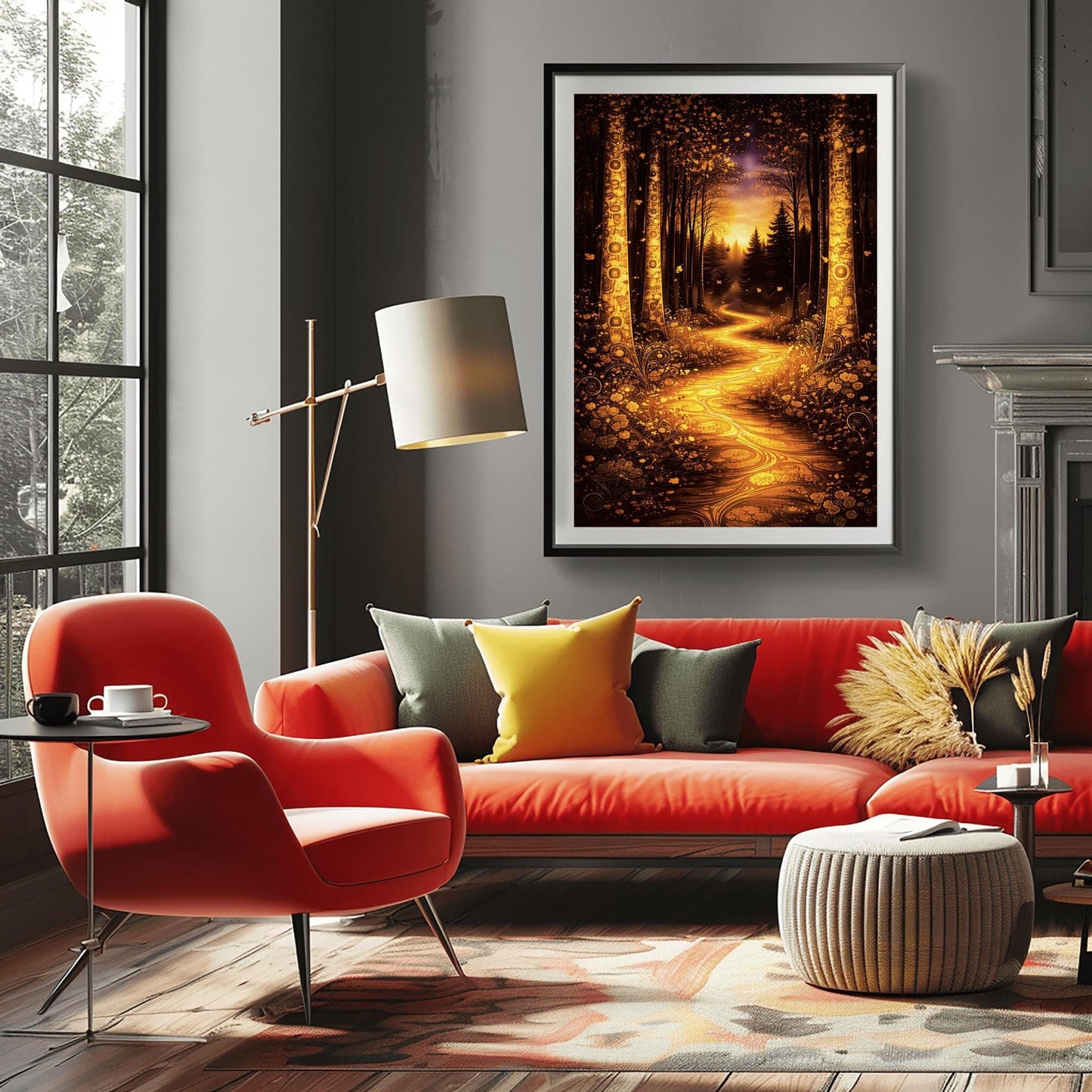 A vertical full-bleed illustration in the style of Gustav Klimt. A glowing, winding golden path flows through a dark forest. Large trees on either side are decorated with intricate golden mosaic patterns. The background features dark silhouettes of pines against a hazy, sunlit sky.