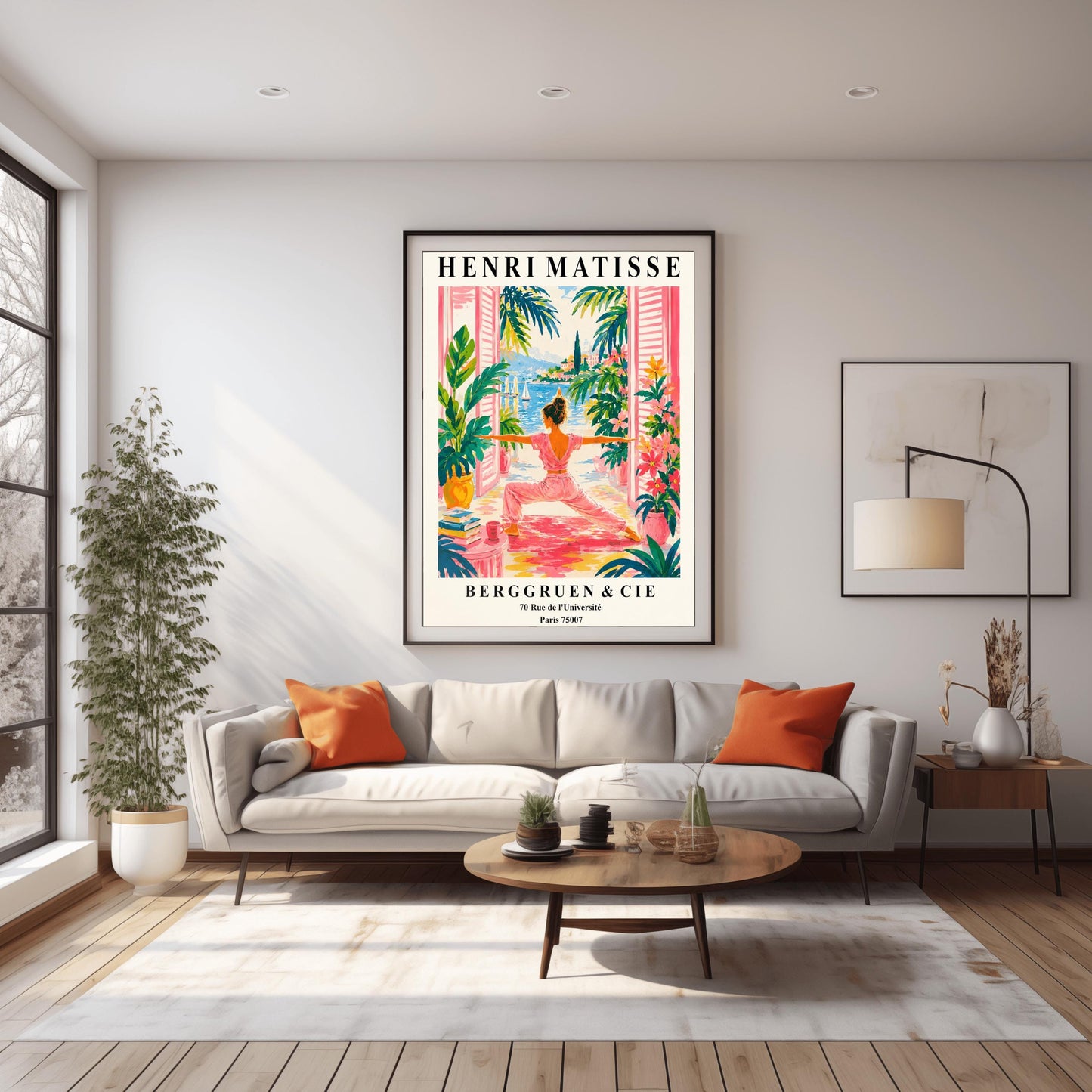A vertical museum-style exhibition poster with a cream border featuring text for an Henri Matisse exhibition at Berggruen & Cie in Paris,. The colorful central illustration depicts a woman from behind practicing a yoga pose on a pink mat on a terrace. She is framed by open pink shutters and lush green potted plants. Through the open doors is a scenic view of a bright blue sea with sailboats, a coastal hill town, and green palm trees under a sunny sky.