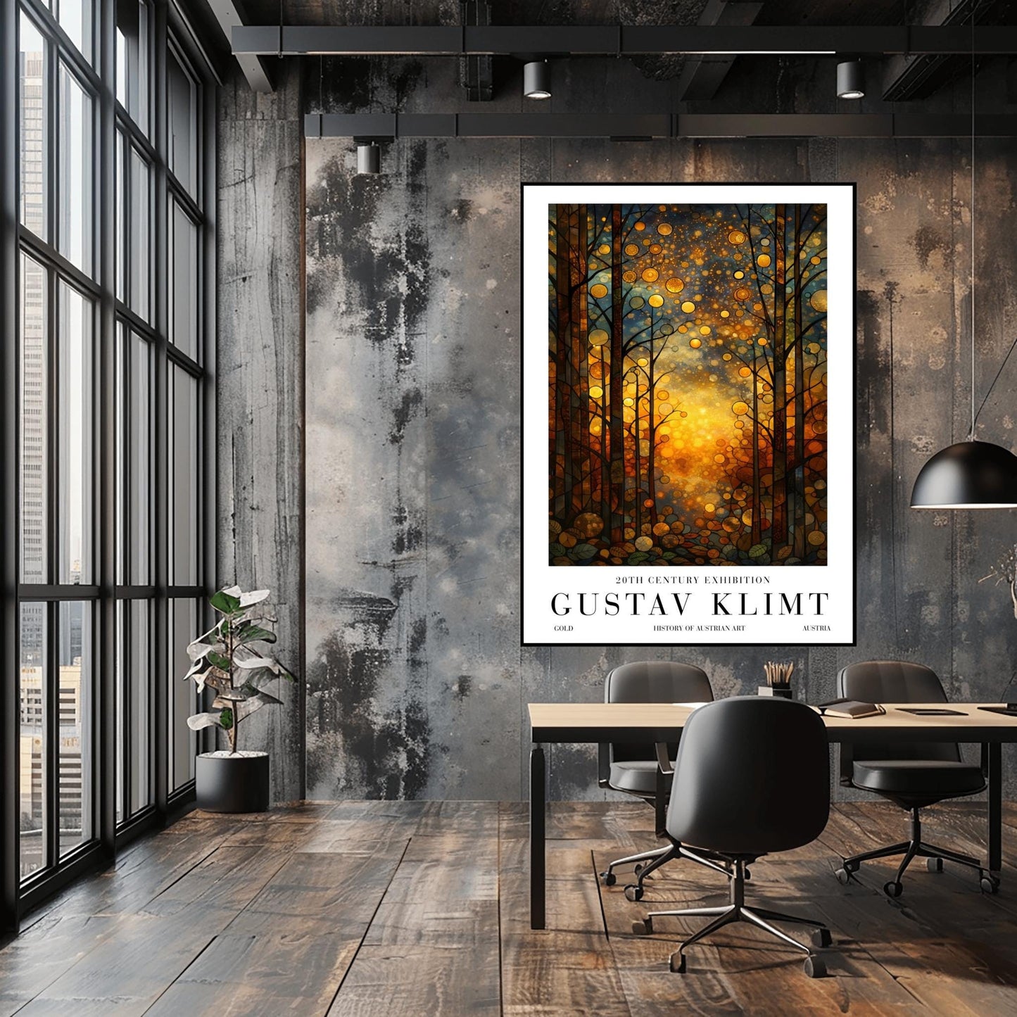 A vertical exhibition-style poster featuring a stylized forest in the style of Gustav Klimt. Slender trees with dark, leaded outlines are filled with golden and amber hues. A brilliant, warm light glows from the center forest floor. The sky is filled with circular mosaic patterns and golden stardust. The bottom features white margins with bold text reading "GUSTAV KLIMT."