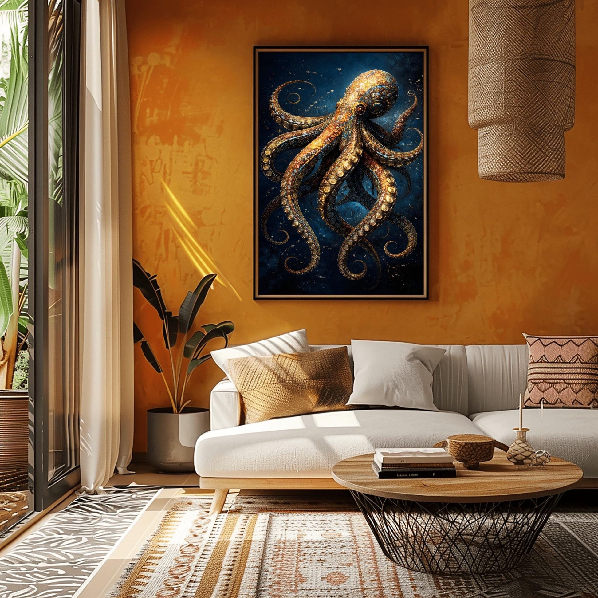 A vertical full-bleed illustration of an octopus in the style of Gustav Klimt. The octopus is decorated with intricate golden mosaic patterns and spirals, floating in a dark navy ocean with tiny sparkling particles. The design is rich in detail and high contrast.