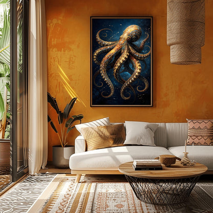 A vertical full-bleed illustration of an octopus in the style of Gustav Klimt. The octopus is decorated with intricate golden mosaic patterns and spirals, floating in a dark navy ocean with tiny sparkling particles. The design is rich in detail and high contrast.