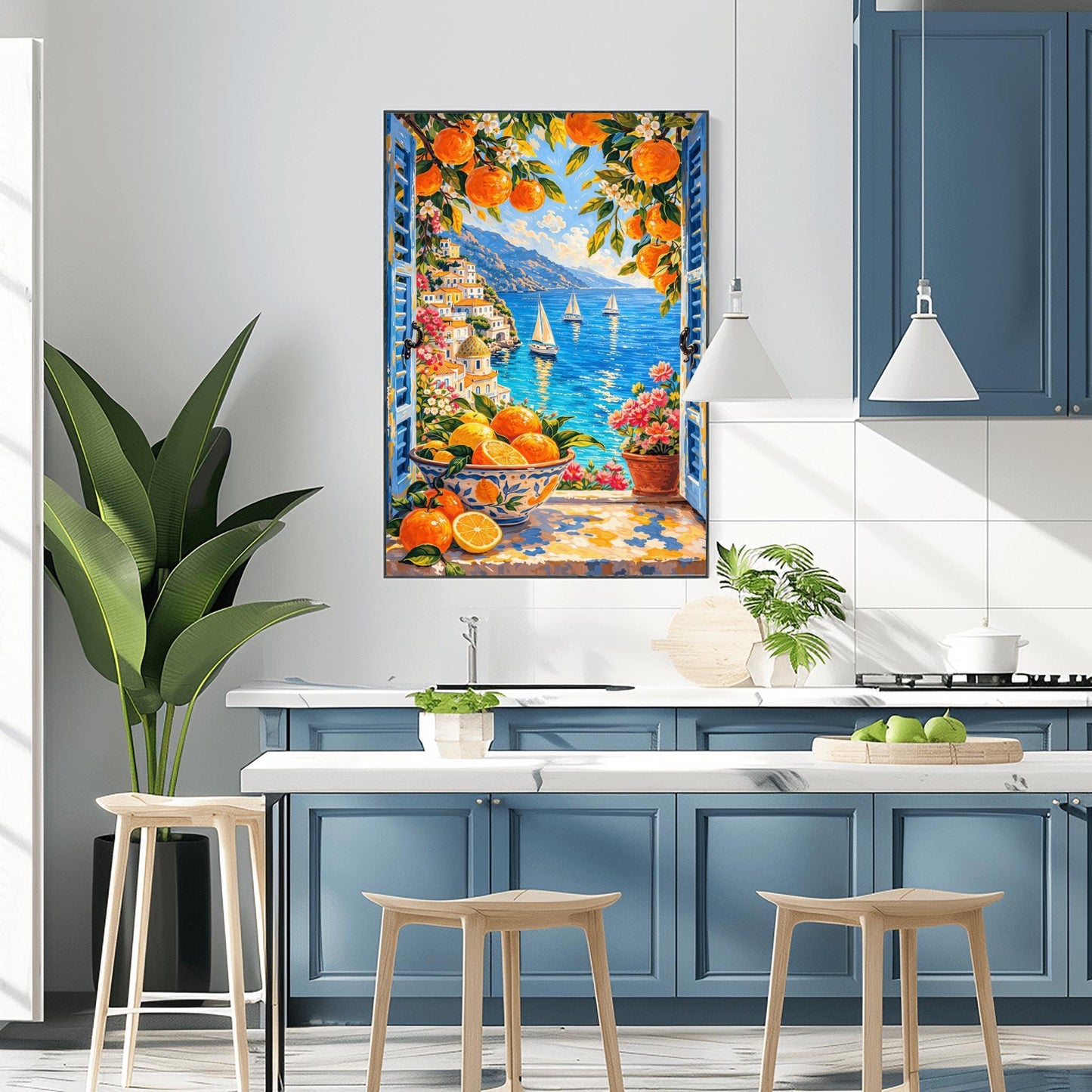 A vertical painterly illustration looking through open blue shutters at a coastal town with a yellow-domed cathedral and a blue sea with sailboats. In the foreground, a ceramic bowl holds oranges and lemons on a stone windowsill next to a pot of pink flowers.