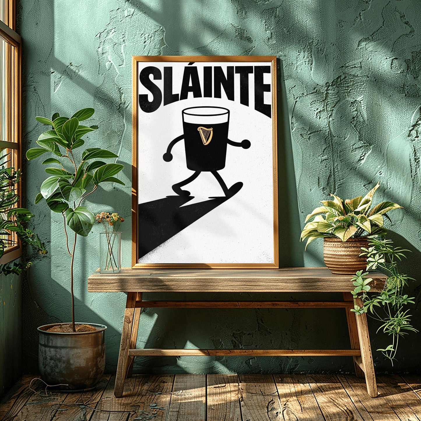 A vertical minimalist graphic in black and white. A pint of Guinness with thin black cartoon arms and legs is shown walking. The word "SLÁINTE" is arched at the top in a bold black font. The pint features a small gold harp logo.