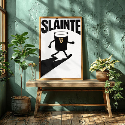 A vertical minimalist graphic in black and white. A pint of Guinness with thin black cartoon arms and legs is shown walking. The word "SLÁINTE" is arched at the top in a bold black font. The pint features a small gold harp logo.