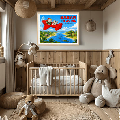 A horizontal watercolor-style illustration of Babar the Elephant flying a bright red propeller plane. Babar wears a green suit and crown, while a smaller elephant in a white sailor suit waves from the back seat. They fly over a vibrant safari landscape with a winding blue river filled with hippos and a crocodile. On the riverbanks are giraffes, antelopes, elephants, and palm trees. Snow-capped mountains rise in the distance under a blue sky. Large red text reads "BABAR EN AVION."