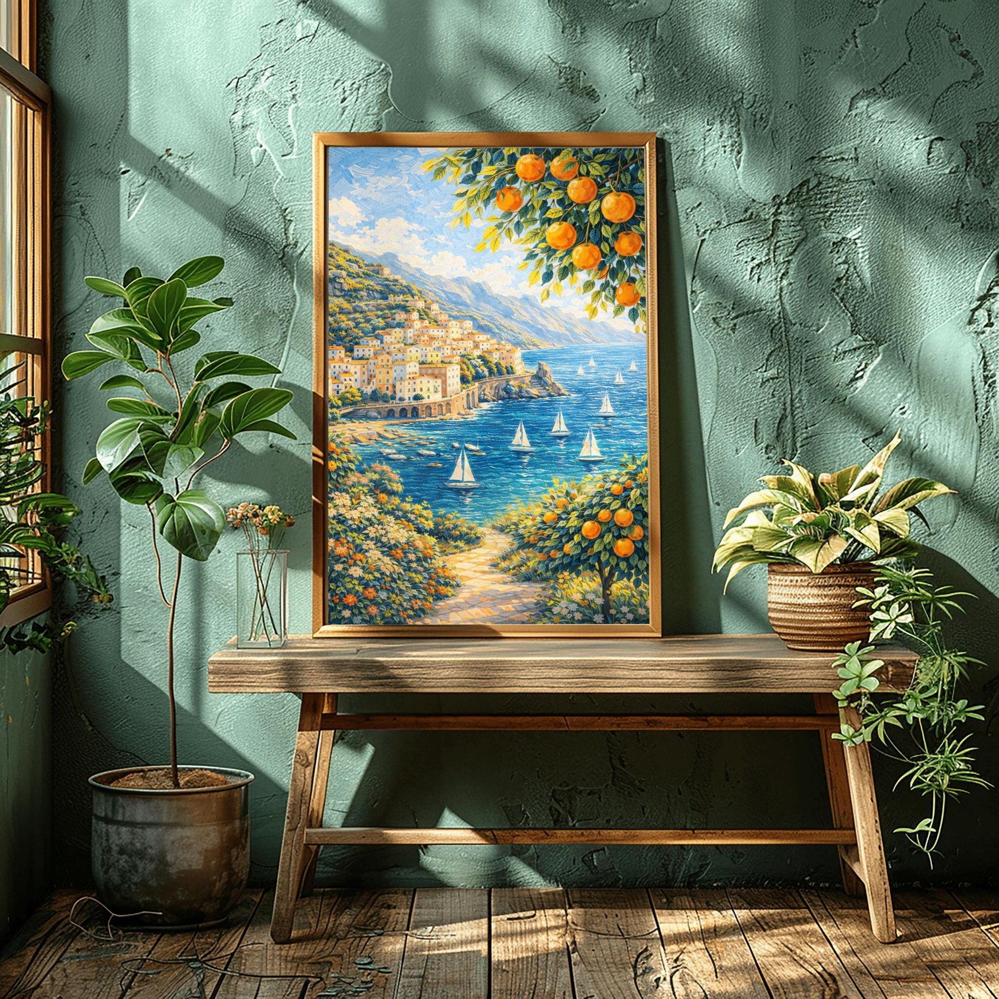 A vertical painterly illustration of a Mediterranean village built into a steep mountainside overlooking a blue sea with many white sailboats. Branches with oranges frame the top and bottom right. A flowered path in the foreground leads toward the water under a bright sky.