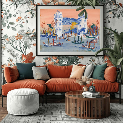 A horizontal expressionist painting of Tower Bridge in London by Jean Dufy. The bridge is rendered in white and blue lines against a coral pink sky. The River Thames in the foreground is filled with many small, sketchy blue and brown boats with smoke stacks.