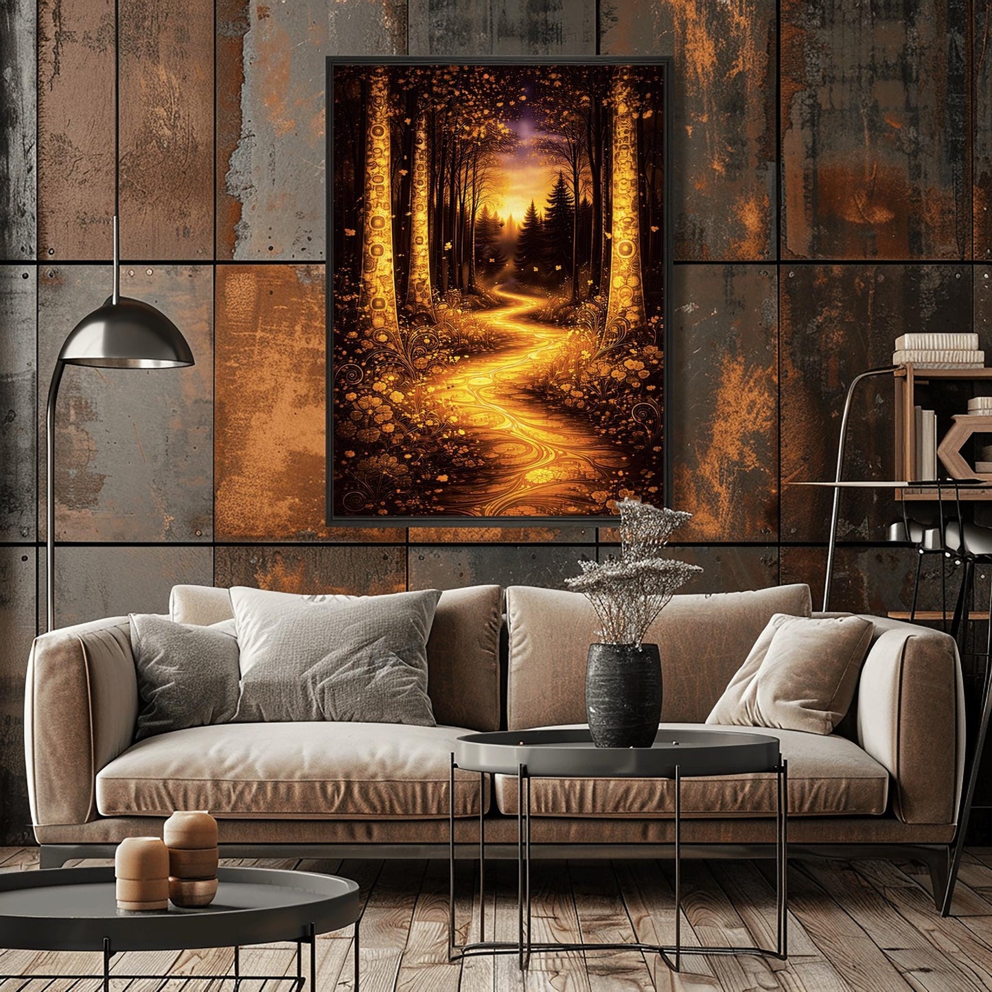 A vertical full-bleed illustration in the style of Gustav Klimt. A glowing, winding golden path flows through a dark forest. Large trees on either side are decorated with intricate golden mosaic patterns. The background features dark silhouettes of pines against a hazy, sunlit sky.