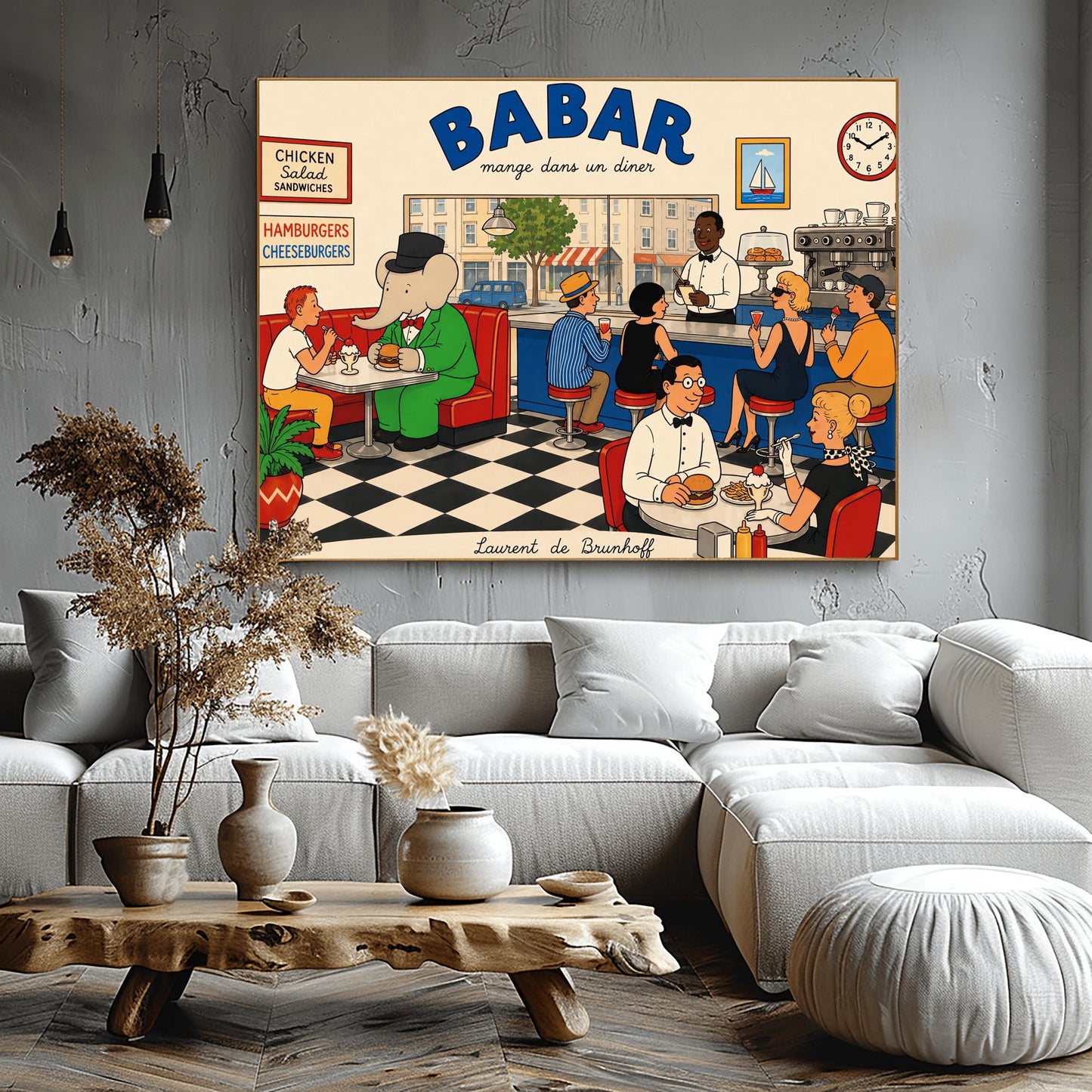 A colorful 1950s-style illustration poster titled "BABAR mange dans un diner" in bold blue and black lettering. The scene shows the interior of a lively retro diner with a black-and-white checkered floor. On the left, the cartoon elephant King Babar sits in a red leather booth wearing a green suit and top hat while eating a burger. Patrons sit at a long blue counter on stools and around tables eating burgers and sundaes, while a waiter takes orders.