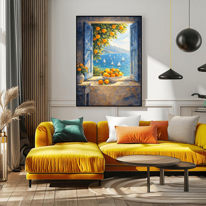 A vertical painterly illustration of an open window with blue shutters looking out at a sea with many sailboats. On the windowsill sits a large bowl overflowing with oranges. A branch with oranges hangs from the top, and a vase of yellow flowers is on a table to the left.
