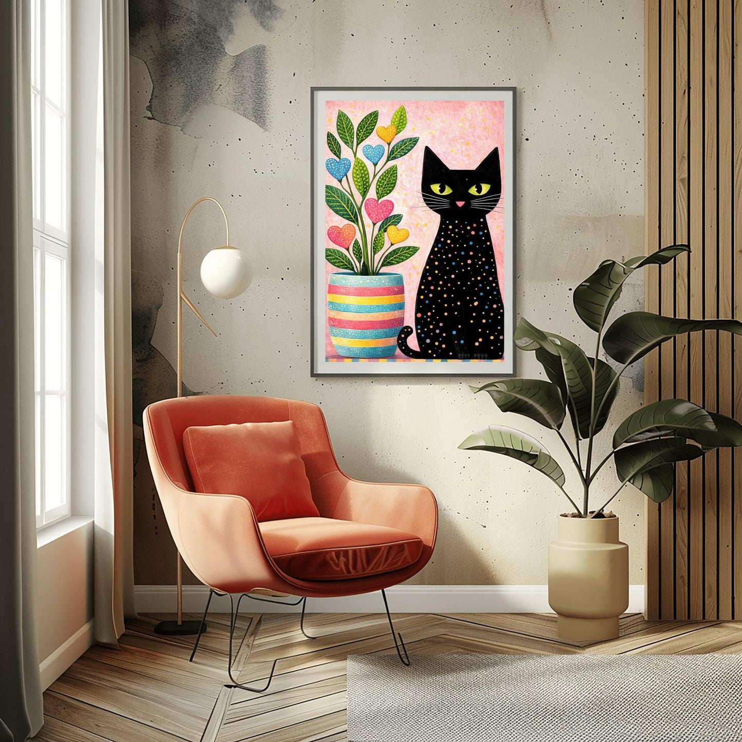 A vertical folk-art style illustration of a black cat sitting next to a colorful potted plant. The black cat is covered in small, multi-colored polka dots and has bright green eyes. The plant to its left is in a striped pink, yellow, and blue pot and features green leaves with heart-shaped "flowers" in pink, blue, and yellow. The background is a textured light pink with yellow paint splatters.