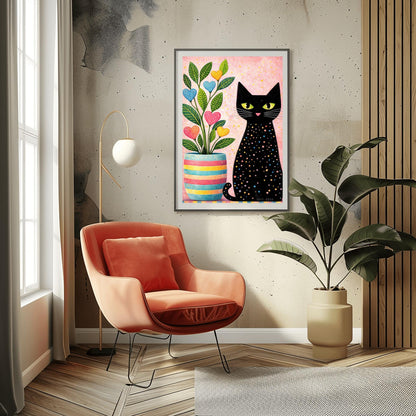 A vertical folk-art style illustration of a black cat sitting next to a colorful potted plant. The black cat is covered in small, multi-colored polka dots and has bright green eyes. The plant to its left is in a striped pink, yellow, and blue pot and features green leaves with heart-shaped "flowers" in pink, blue, and yellow. The background is a textured light pink with yellow paint splatters.