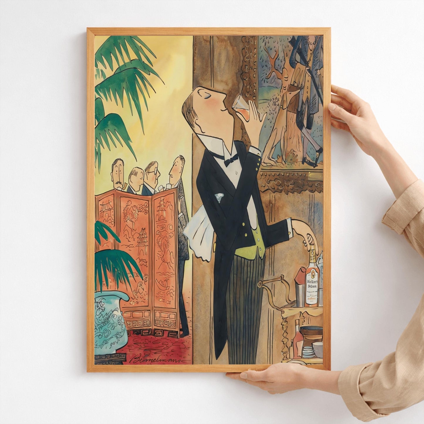 A vertical watercolor and ink illustration in the whimsical style of Ludwig Bemelmans. The scene depicts a butler in a black tuxedo tailcoat, yellow vest, and bow tie sneaking a drink from a glass behind a wall. His hand rests on a bottle of "Walker's De Luxe" whiskey on a bar cart. To his left, a wooden Chinoiserie folding screen separates him from a group of four men in suits talking at a party. A potted palm tree and a blue dragon vase sit in the foreground