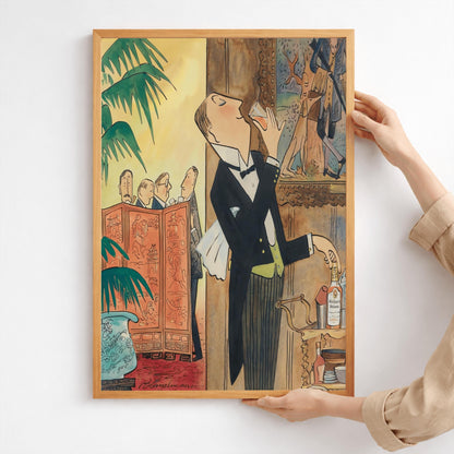 A vertical watercolor and ink illustration in the whimsical style of Ludwig Bemelmans. The scene depicts a butler in a black tuxedo tailcoat, yellow vest, and bow tie sneaking a drink from a glass behind a wall. His hand rests on a bottle of "Walker's De Luxe" whiskey on a bar cart. To his left, a wooden Chinoiserie folding screen separates him from a group of four men in suits talking at a party. A potted palm tree and a blue dragon vase sit in the foreground