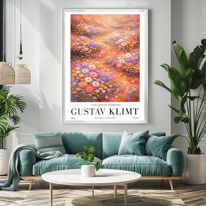 A vertical, highly detailed Art Nouveau-style illustration of a dense wildflower meadow. Stylized flowers in shades of lavender, coral, and orange are outlined in gold. Shimmering golden particles float between the blooms against a warm, glowing amber background.