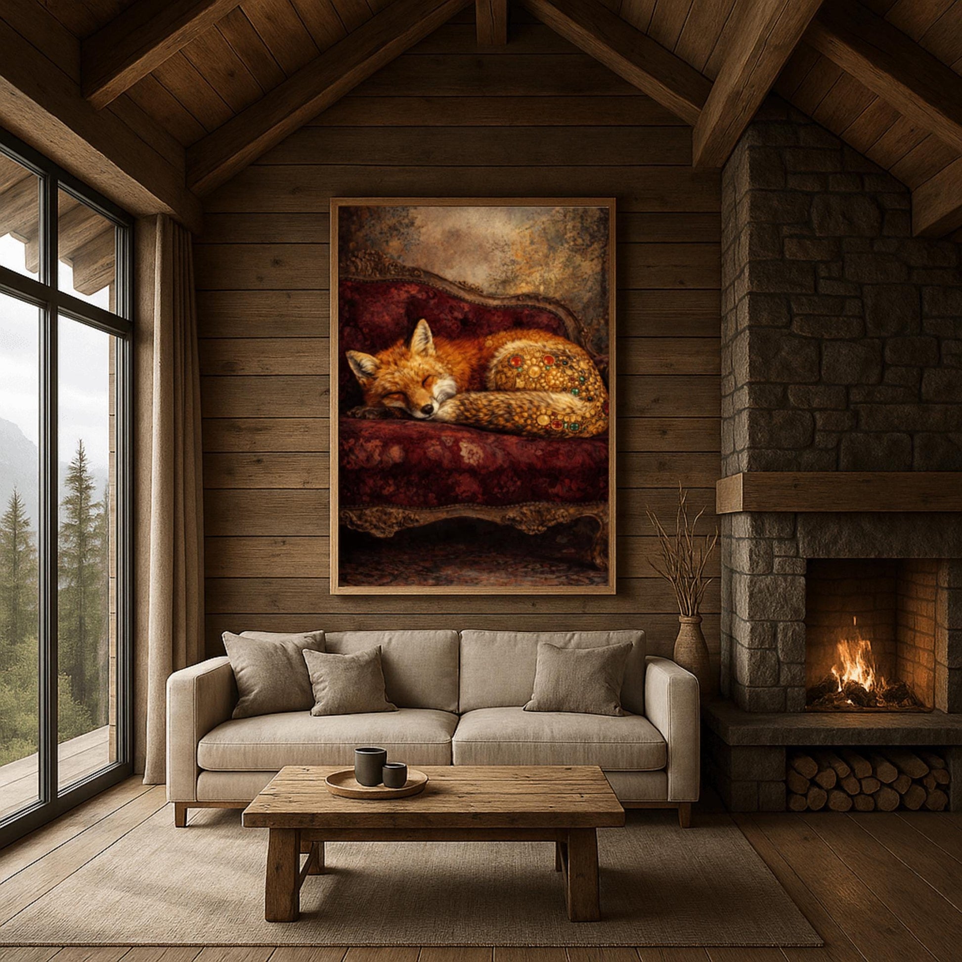 Gustav Klimt Sleeping Fox Art - Ornamental Surrealism Forest Animal Print - Luxury Gold & Crimson Velvet Decor - Gilded Red Fox Fine Art - Moody Maximalist Wall Decor