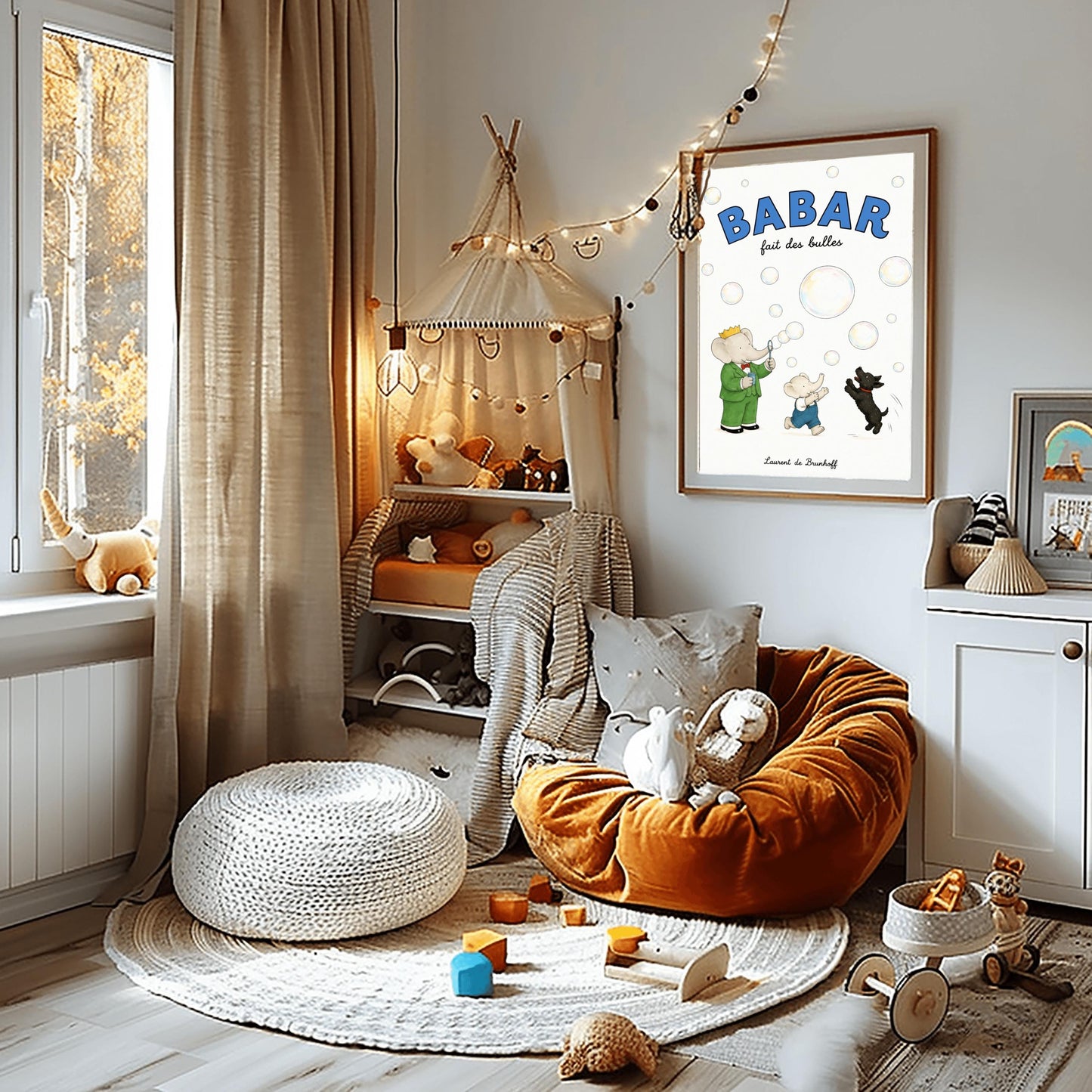 A vertical retro fine art exhibition poster titled "BABAR fait des bulles" on a wide cream border. The top "BABAR" text is printed in a bold blue font. The illustration shows an elephant wearing a crown and green suit blowing bubbles from a blue wand. A smaller baby elephant in overalls runs to catch them, while a small black dog jumps in the air toward the floating, iridescent watercolor bubbles. The name "Laurent de Brunhoff" anchors the bottom.