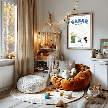 A vertical retro fine art exhibition poster titled "BABAR fait des bulles" on a wide cream border. The top "BABAR" text is printed in a bold blue font. The illustration shows an elephant wearing a crown and green suit blowing bubbles from a blue wand. A smaller baby elephant in overalls runs to catch them, while a small black dog jumps in the air toward the floating, iridescent watercolor bubbles. The name "Laurent de Brunhoff" anchors the bottom.