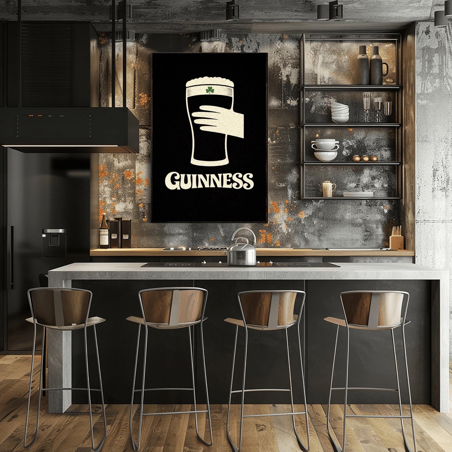 A vertical minimalist graphic design on a textured black background. A cream-colored hand is shown holding a pint of Guinness stout, with the glass itself created out of negative space. A small green shamrock is on the foam. The word "GUINNESS" is in cream text at the bottom.
