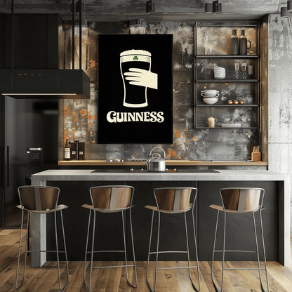 A vertical minimalist graphic design on a textured black background. A cream-colored hand is shown holding a pint of Guinness stout, with the glass itself created out of negative space. A small green shamrock is on the foam. The word "GUINNESS" is in cream text at the bottom.