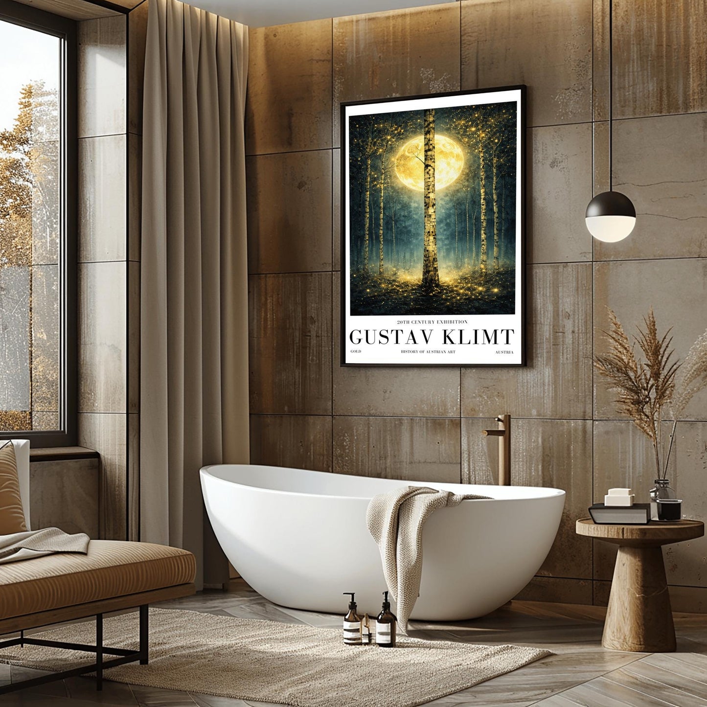 A vertical Art Nouveau-style illustration of a birch forest at night. A large golden moon hangs behind a central birch tree. The forest is filled with teal mist and shimmering golden stardust. The trees have intricate, mosaic-like textures on their bark.