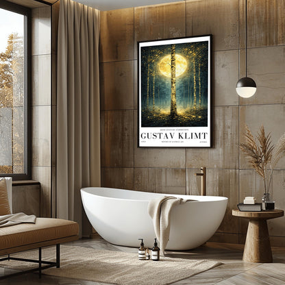 A vertical Art Nouveau-style illustration of a birch forest at night. A large golden moon hangs behind a central birch tree. The forest is filled with teal mist and shimmering golden stardust. The trees have intricate, mosaic-like textures on their bark.