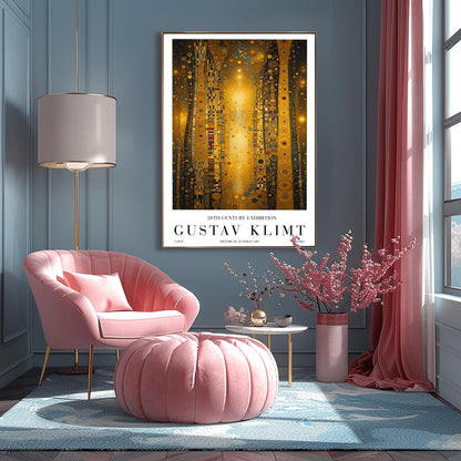 A vertical abstract painting in the style of Gustav Klimt. Several tall, narrow pillars filled with gold leaf textures and geometric patterns (circles, spirals, and squares) rise against a dark background filled with golden stardust. A central column of bright, shimmering light anchors the composition. The colors include brilliant gold, ochre, black, and touches of deep red and blue.