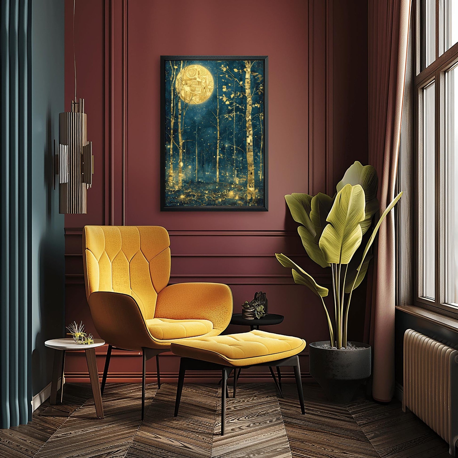 A vertical painting in the style of Gustav Klimt. Slender birch trees with gold-leaf bark and black geometric patterns stand in a dark navy forest at night. A large, bright gold moon with mosaic spirals hangs in the sky. The air is filled with glowing golden dots and fireflies. The overall style is rich in texture and golden ornamentation against a deep blue background.