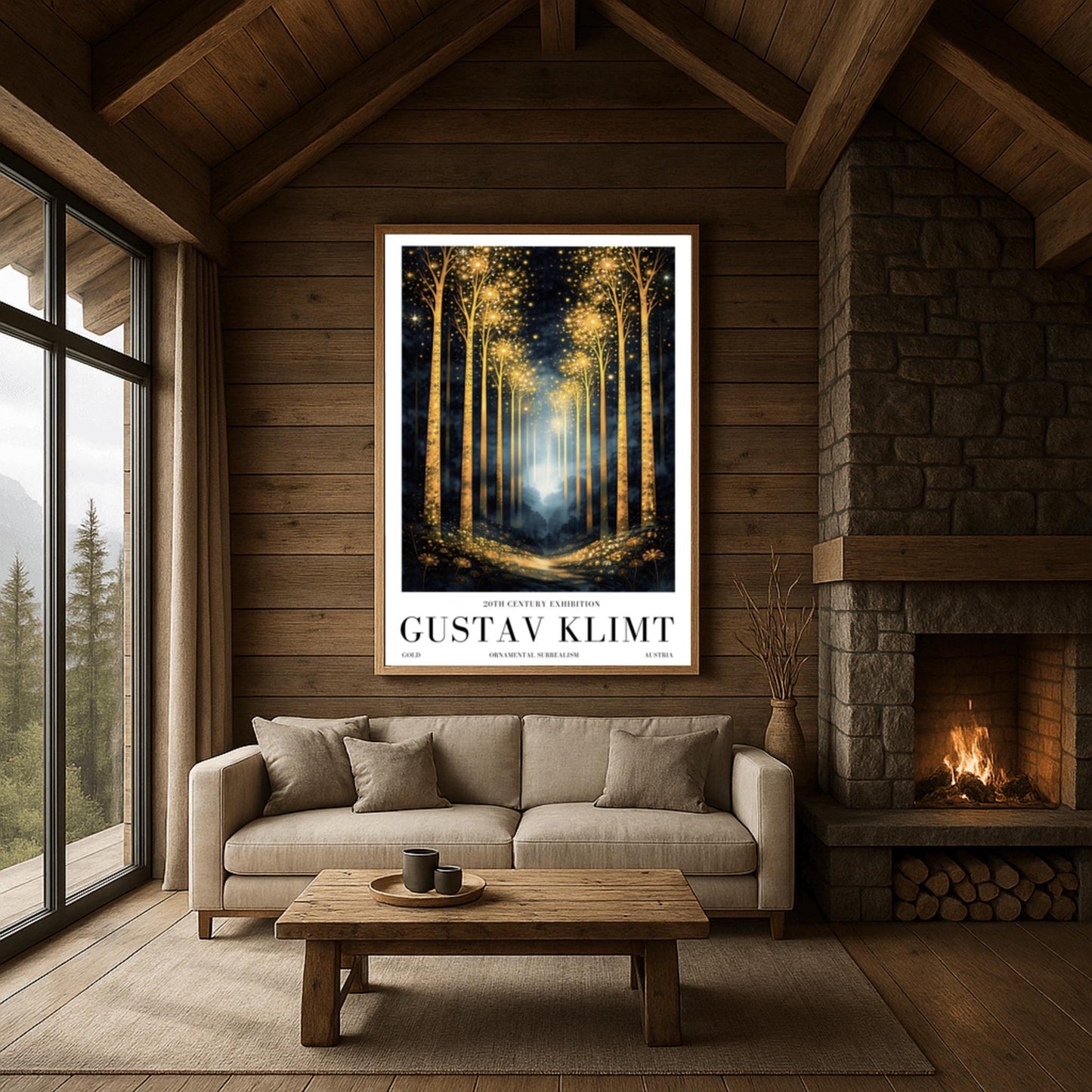 A vertical full-bleed illustration of a birch forest at night in the style of Gustav Klimt. The slender trunks are covered in golden patterns, and the tops of the trees explode into golden sparks and stars. A glowing golden path leads into a misty blue distance.