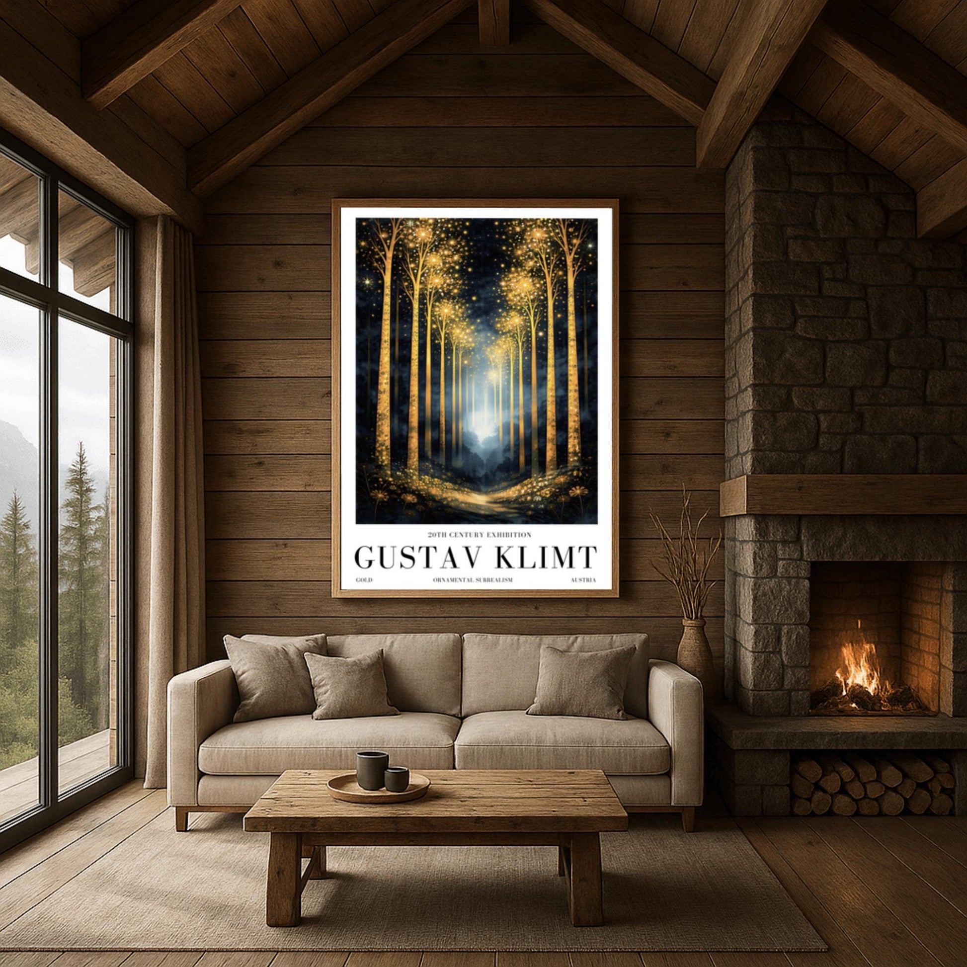 A vertical full-bleed illustration of a birch forest at night in the style of Gustav Klimt. The slender trunks are covered in golden patterns, and the tops of the trees explode into golden sparks and stars. A glowing golden path leads into a misty blue distance.