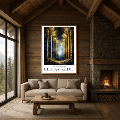 A vertical full-bleed illustration of a birch forest at night in the style of Gustav Klimt. The slender trunks are covered in golden patterns, and the tops of the trees explode into golden sparks and stars. A glowing golden path leads into a misty blue distance.
