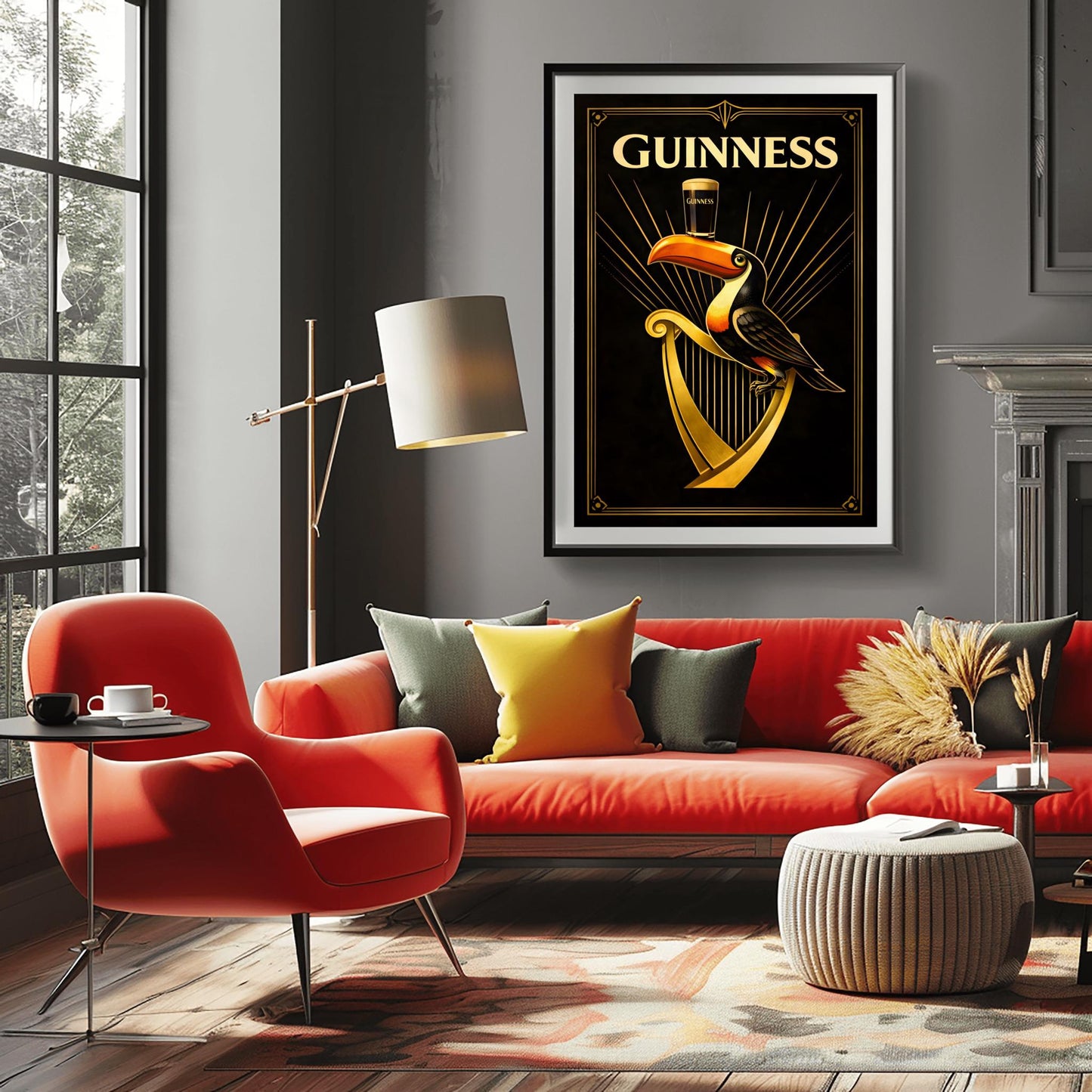A vertical Art Deco style poster for Guinness. A colorful toucan perches on a large golden harp against a black background. Golden rays of light radiate from behind the toucan, which is balancing a pint of beer on its beak. The word "GUINNESS" is written in large gold letters at the top.