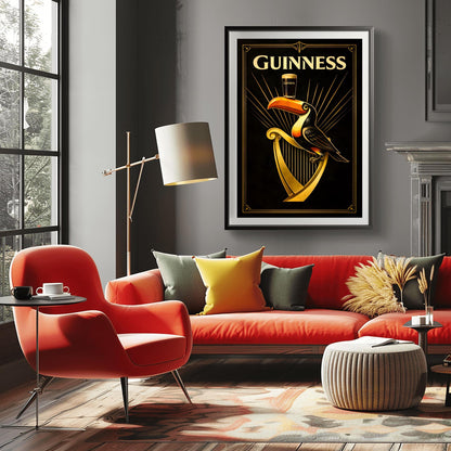 A vertical Art Deco style poster for Guinness. A colorful toucan perches on a large golden harp against a black background. Golden rays of light radiate from behind the toucan, which is balancing a pint of beer on its beak. The word "GUINNESS" is written in large gold letters at the top.