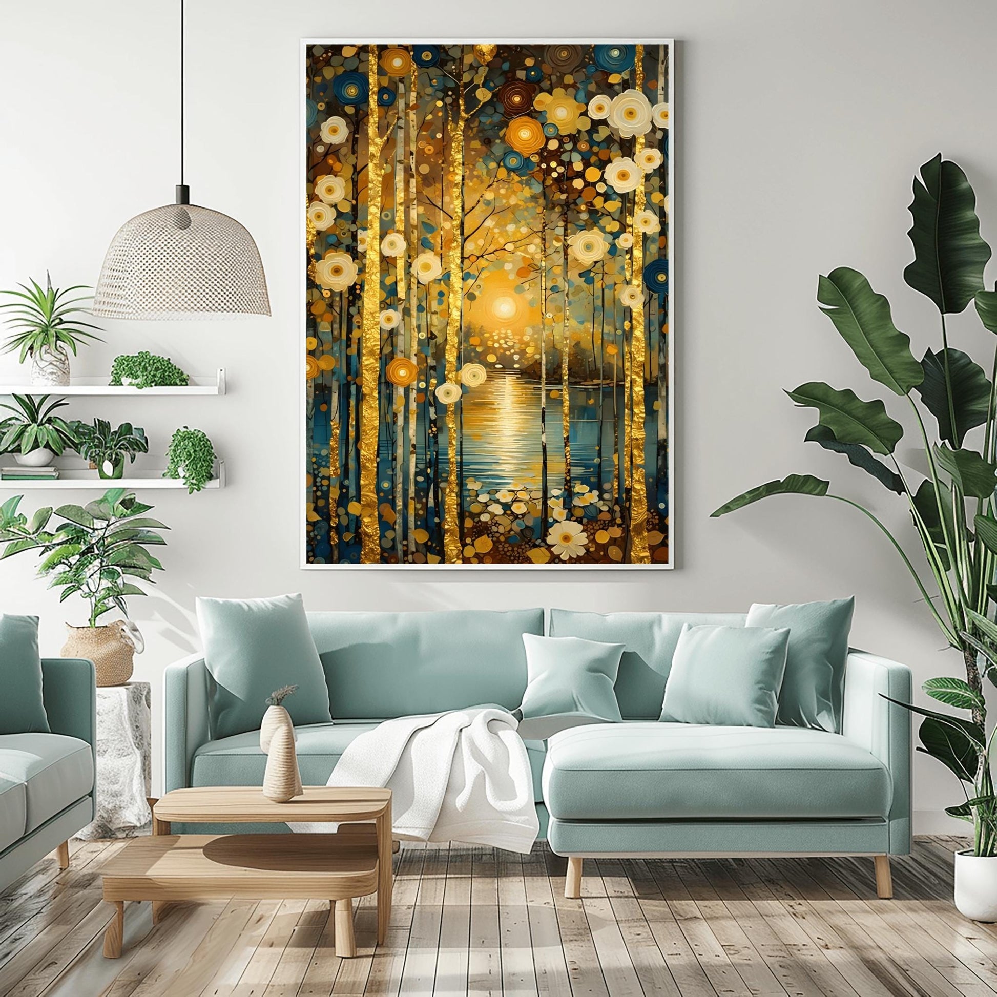 A vertical, highly detailed oil painting in the style of Gustav Klimt. A forest of slender birch trees with textured gold-leaf bark stands before a calm blue lake. A bright, glowing sun is centered in the background, reflecting a shimmering golden path on the water. The scene is filled with stylized, circular flowers in cream, gold, and deep blue. The overall style is rich in mosaic-like textures and opulent gold accents.
