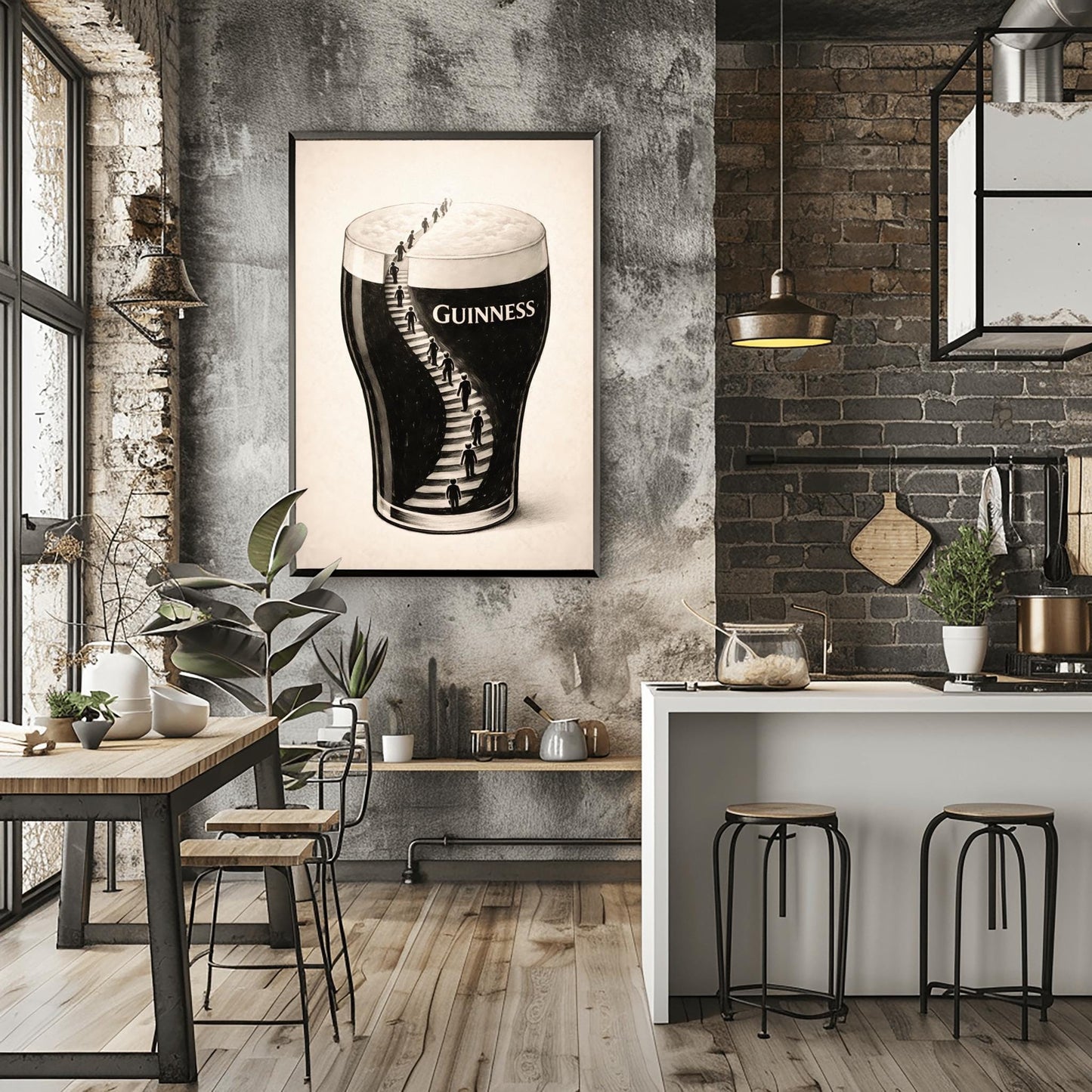 A vertical charcoal-style illustration of a pint of Guinness. A winding staircase is carved into the dark body of the stout, with several small human silhouettes climbing the stairs toward the white foam at the top. The background is a clean, off-white textured paper.